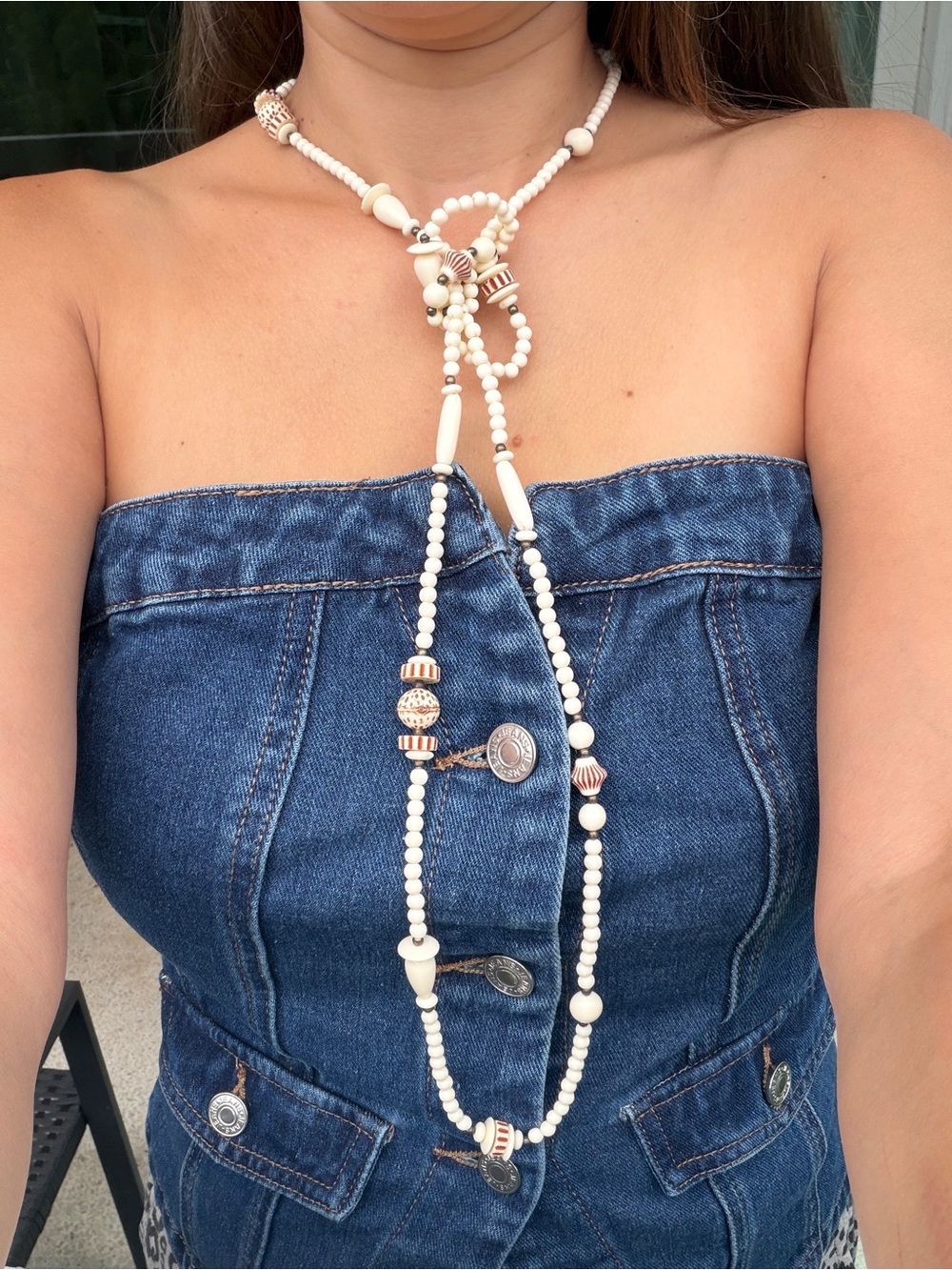 White Beaded Long Knot Necklace